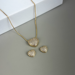 Colar e Brincos Banhados a Ouro 18k Corações Cravejados