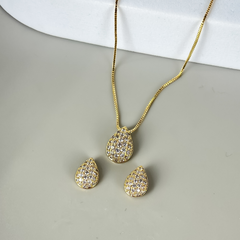 Colar e Brincos Banhados a Ouro 18k Gotas Cravejadas