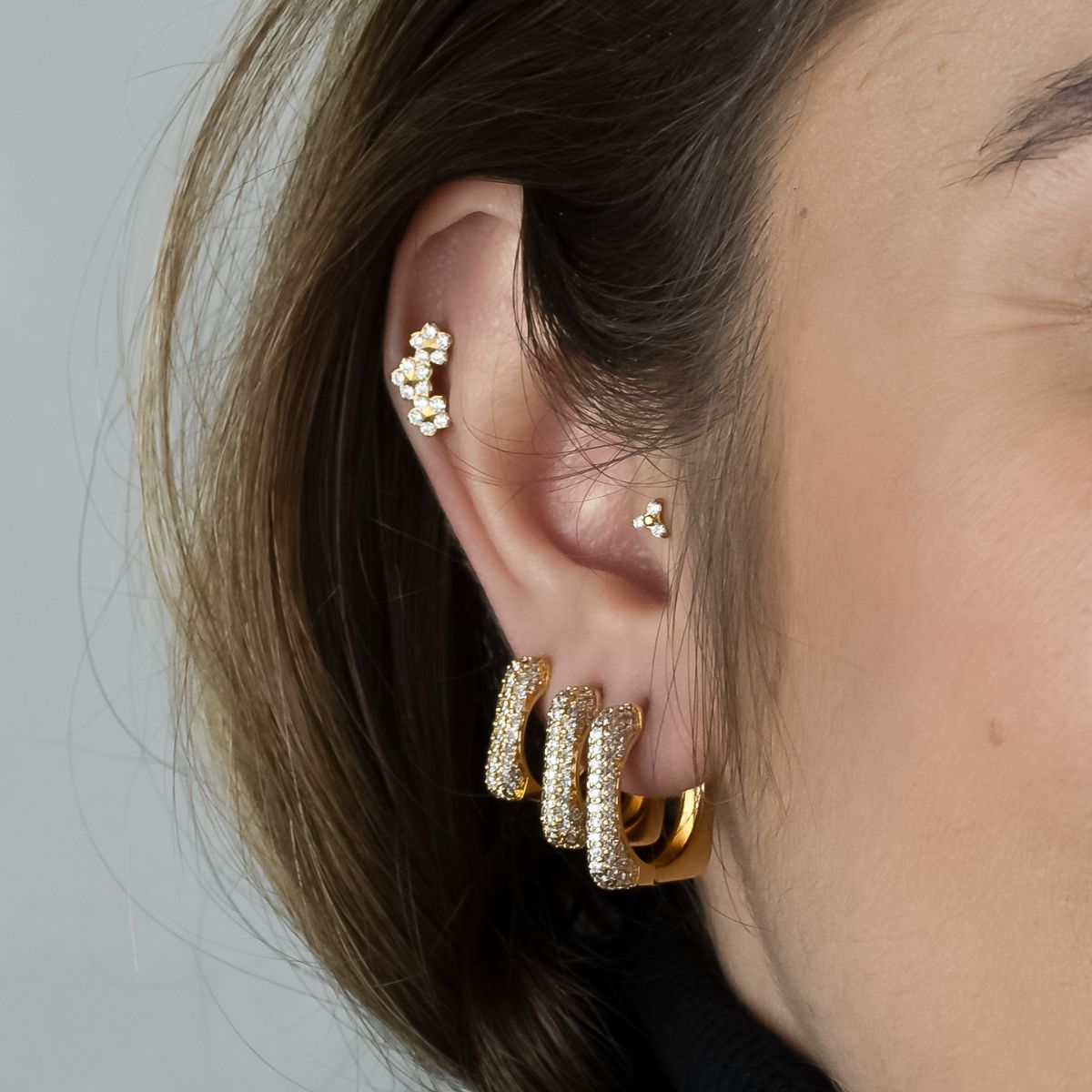 Quadrado Cravejado (Trio) - Brincos Banho de Ouro 18K